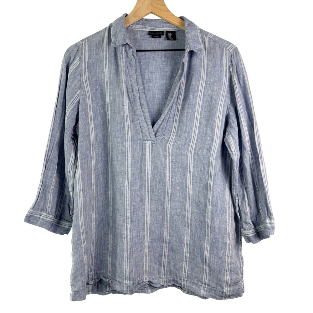 Tahari Blue White Striped 100% Linen V-Neck Tunic Top Blouse Womens Medium